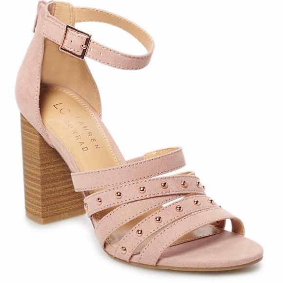 LC LAUREN CONRAD Sandals Block High Heels Strappy Faux-Suede Studded Mauve Pink - Picture 1 of 8